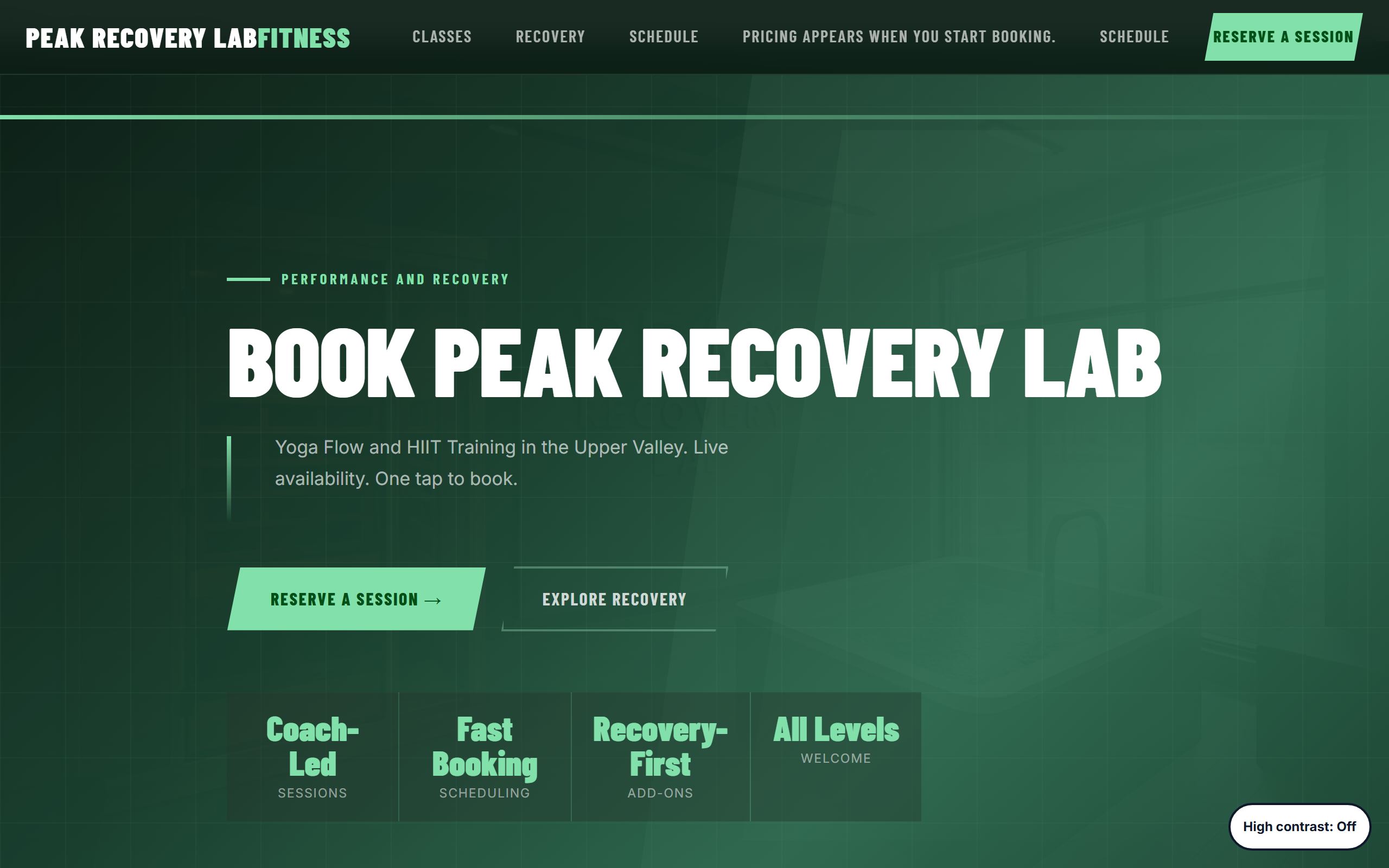 Fitness recovery studio site preview with class booking and pricing